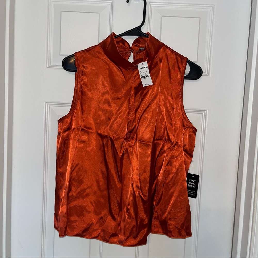 Express Sleeveless Satin Button Back Cowl Neck Top Orange Size M NWT